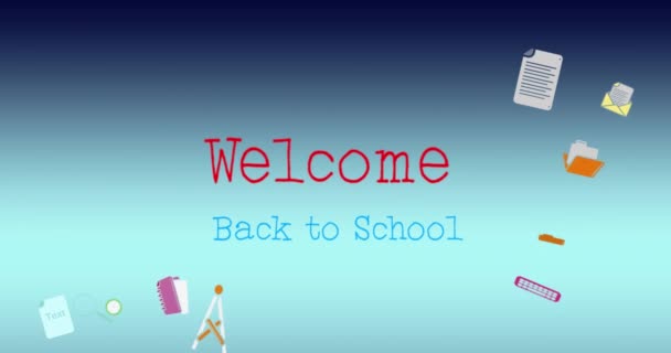 텍스트 배너와 컨셉트 아이콘에 환영하는 애니메이션 파란색 그래피티 배경에 학교와 — 비디오