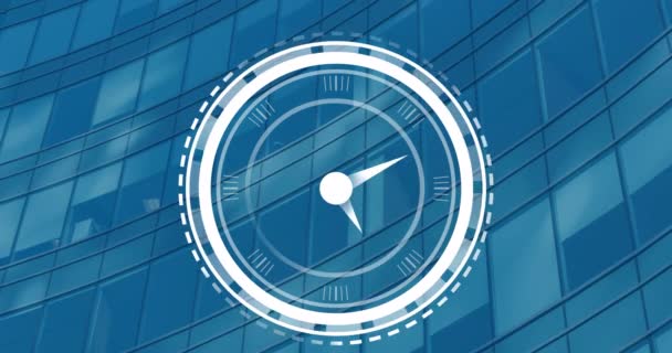 Animacja Ikony Tykającego Zegara Przed Widokiem Wysoki Budynek Interfejs Komputerowy — Wideo stockowe