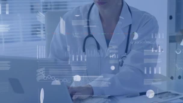白人女性医師に対する科学的データ処理のアニメーション グローバル医療 コンピューティング データ処理の概念デジタルで生成されたビデオ — ストック動画