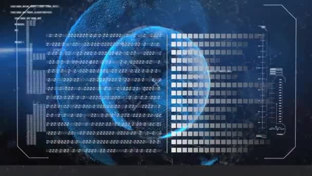 Animering Gränssnitt Med Databehandling Över Snurrande Jordklot Mot Lutning Bakgrund — Stockvideo