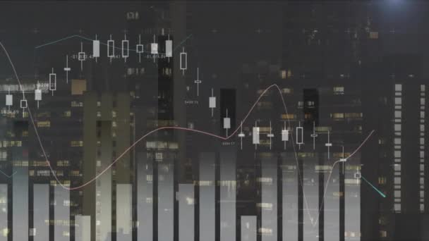 Animering Statistisk Databehandling Mot Bakgrund Höga Byggnader Natten Datorgränssnitt Och — Stockvideo