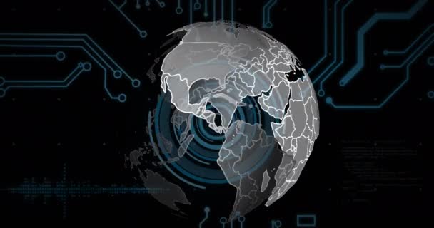 Animace Spinning Globe Přes Scanner Mikroprocesorové Připojení Zpracování Dat Globální — Stock video
