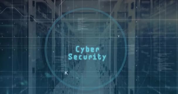 Animação Banner Texto Segurança Cibernética Processamento Dados Contra Sala Servidor — Vídeo de Stock