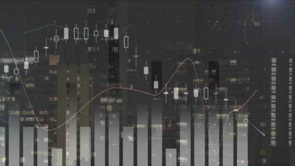 Animación Del Procesamiento Datos Estadísticos Frente Vista Edificios Altos Por — Vídeo de stock