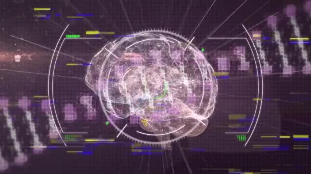 在旋转人脑图标和Dna结构上扫描作用域动画 医学研究和科学技术概念 — 图库视频影像