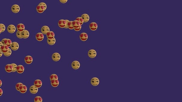 Animation Hjärta Och Blinkande Emoji Ikoner Lila Bakgrund Globalt Koncept — Stockvideo