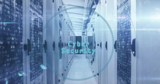 Animering Banner För Cybersäkerhet Och Biometrisk Fingeravtrycksläsare Mot Serverrummet Koncept — Stockvideo