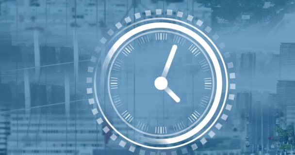 Animacja Ikony Tykającego Zegara Tle Widoku Lotniczego Ruchu Miejskiego Interfejs — Wideo stockowe