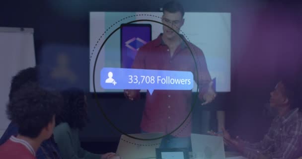 Animation Notification Bar Numbers Followers Text Diverse Man Giving Presentation — Stock Video