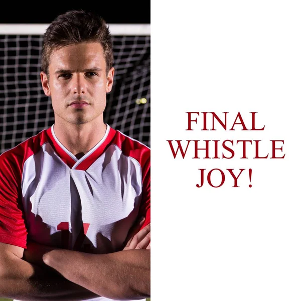 Composition Final Whistle Joy Text Caucasian Football Player Football Field — Stock fotografie