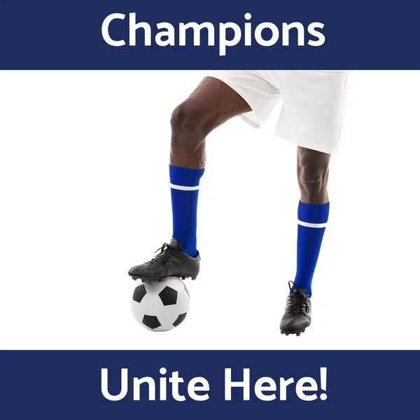 Samenstelling Van Kampioenen Verenigen Hier Tekst Afro Amerikaanse Voetballer Witte — Stockfoto