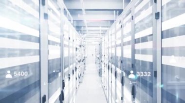 Bilgisayar sunucuları üzerinden veri işleme animasyonu. Dijital olarak oluşturulmuş küresel bağlantılar, hesaplama ve veri işleme kavramı.