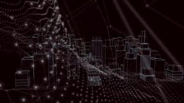 3D şehir manzarası üzerindeki bağlantı ağının animasyonu. Dijital olarak oluşturulmuş küresel bağlantılar, hesaplama ve veri işleme kavramı.