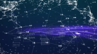 3D şehir manzarası üzerindeki bağlantı ağının animasyonu. Dijital olarak oluşturulmuş küresel bağlantılar, hesaplama ve veri işleme kavramı.