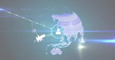 Mavi ışık yollarına karşı dönen dünyayı çevreleyen profil simgeleri ve düzlem simgelerinin animasyonu. Küresel ağ ve iş teknolojisi kavramı