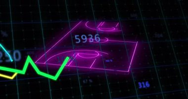 Spor alanında finansal veri işleme animasyonu. Küresel spor, rekabet, bilgisayar ve veri işleme kavramı dijital olarak oluşturulmuş video.