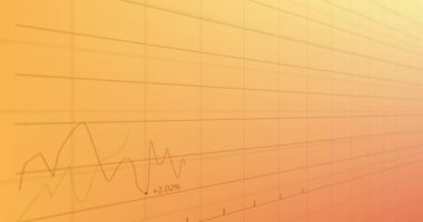 Turuncu gradyan arkaplan ile ağ üzerinden istatistiksel veri işleme animasyonu. Bilgisayar arayüzü ve iş veri teknolojisi kavramı