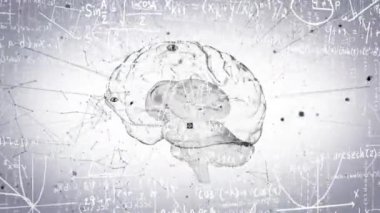 Matematiksel denklemlerin animasyonu ve insan beyni ikonuna karşı bağlantılar ağı. Tıbbi araştırma ve bilim teknolojisi kavramı