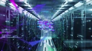 Bağlı noktaların animasyonu, bilgisayar dili, veri depolama sistemleri üzerindeki dünya. Dijital bileşik, telekomünikasyon, kodlama, veritabanı, güvenlik, veri merkezi, ağ oluşturma, geleceksel, teknoloji.