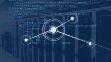 Animation of network of connections and data processing against computer server room. Global networking and business data storage technology concept