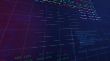 Mor gradyan arkaplana karşı istatistiksel ve borsa veri işleme animasyonu. Küresel ekonomi ve iş veri teknolojisi kavramı