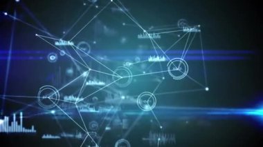 Grafiklerin animasyonu, bağlı noktalar ve daireler, siyah arkaplanda bilgisayar dili. Dijital olarak üretilmiş, kodlanmış, rapor, telekomünikasyon, geleceksel, teknoloji, konuşma tanıma, geleceksel.