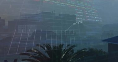 Şehir manzarasının havadan görüntüsüne karşı istatistiksel ve borsa veri işleme animasyonu. Küresel ekonomi ve iş veri teknolojisi kavramı