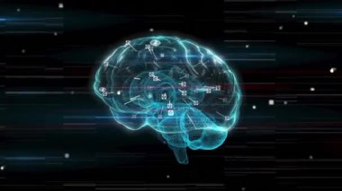 Dijital simgelerin canlandırılması ve insan beyninin simgesinin siyah arkaplanda dönmesi. Tıbbi araştırma ve bilim teknolojisi kavramı