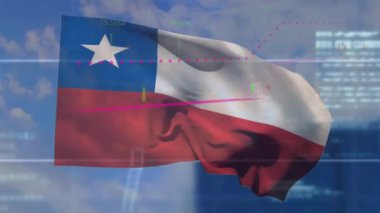 Şili bayrağı üzerinde finansal veri işleme animasyonu. Küresel iş, finans, hesaplama ve veri işleme kavramı dijital olarak oluşturulmuş video.