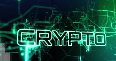 Şifreli para birimi metninin animasyonu ve finansal veri işleme. Küresel iş, finans, hesaplama ve veri işleme kavramı dijital olarak oluşturulmuş video.