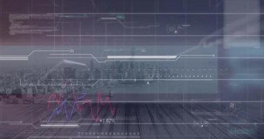 Şehir manzarasının havadan görüntüsüne karşı istatistiksel veri işleme animasyonu. Bilgisayar arayüzü ve iş veri teknolojisi kavramı