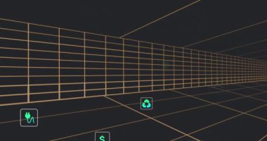 Tünelin üzerinde siyah arkaplana karşı kusursuz desenli çoklu dijital simgelerin animasyonu. Çevre dostu sürdürülebilir enerji ve iş teknolojisi kavramı