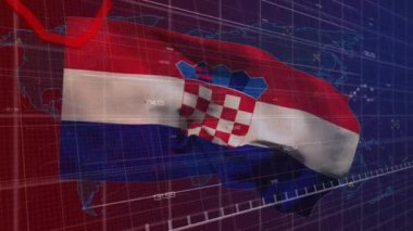 Hırvat bayrağı üzerinde finansal veri işleme animasyonu. Küresel iş, finans, hesaplama ve veri işleme kavramı dijital olarak oluşturulmuş video.