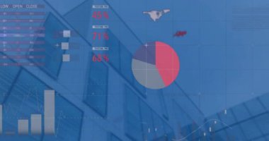 Animation of statistical data processing against low angle view of tall building. Business data technology concept