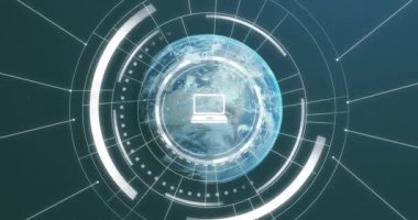 Dünya üzerindeki simge ağının animasyonu. Dijital olarak oluşturulmuş küresel bağlantılar, hesaplama ve veri işleme kavramı.