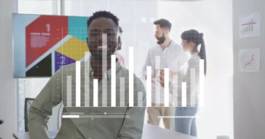 Animation of financial data processing over diverse business people in office. Global business, finances, computing and data processing concept digitally generated video.