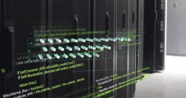 Animation of data processing against computer server room. Computer interface and business data storage technology concept