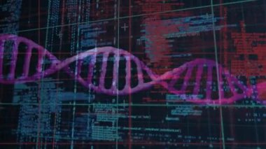 Siyah arka planda veri işleme üzerinde dönen DNA yapılarının animasyonu. Tıbbi araştırma ve bilim teknolojisi kavramı