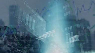 Animation of financial data processing over landscape. Global business, finances, computing and data processing concept digitally generated video.