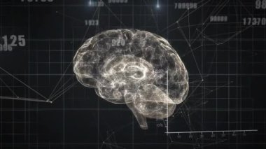 Değişen numaraların animasyonu, veri işleme, insan beyni ikonu üzerindeki bağlantı ağı. Tıbbi araştırma ve bilim teknolojisi kavramı