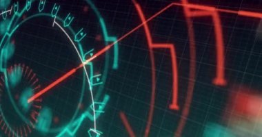 Yuvarlak tarayıcının animasyonu ve veri işleme şebekesi üzerinden siyah arkaplan ile karşılaştırılıyor. Bilgisayar arayüzü ve iş teknolojisi kavramı