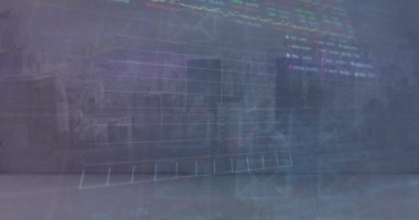 Şehir manzarasının havadan görüntüsüne karşı istatistiksel ve borsa veri işleme animasyonu. Küresel ekonomi ve iş veri teknolojisi kavramı