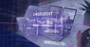 Değişen numaraların animasyonu, video konuşmasında tartışan çeşitli iş arkadaşlarının bağlı olduğu dünya. Dijital bileşik, çoklu pozlama, iletişim, küreselleşme, büyüme ve teknoloji kavramı.