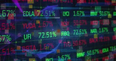 Borsa veri işleme sisteminin animasyonu, dijital simgeler ağı ve pleksus ağları. Küresel ekonomi ve iş ağı teknolojisi kavramı