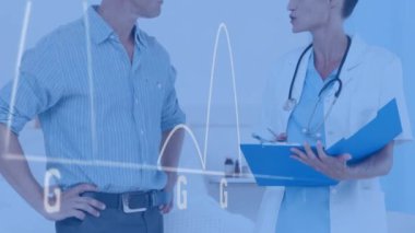 Beyaz kadın doktor ve erkek hasta üzerinde finansal veri işleme animasyonu. Küresel tıp, işletme, finans, hesaplama ve veri işleme kavramı dijital olarak oluşturulmuş video.