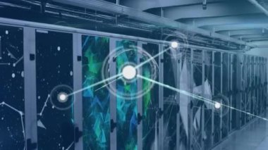 Animation of network of connections and plexus networks against computer server room. Global networking and business data storage technology concept
