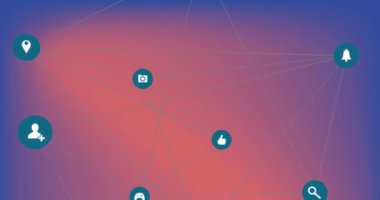 Kırmızı arkaplan üzerindeki simgelerle bağlantı ağının canlandırılması. Dijital olarak oluşturulmuş küresel bağlantılar, hesaplama ve veri işleme kavramı.