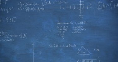 Matematiksel denklemlerin animasyonu, formüller ve diyagramlar mavi karatahta arka planına karşı. Okul ve eğitim kavramı
