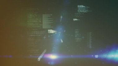 Veri işleme animasyonu ve gri arka planda mor ışık noktaları. Bilgisayar arayüzü ve iş teknolojisi kavramı