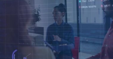 Animation of financial data processing over diverse business people in office. Global business, finances, computing and data processing concept digitally generated video.